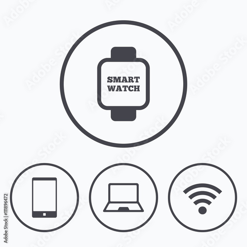 Notebook and smartphone icon. Smart watch symbol