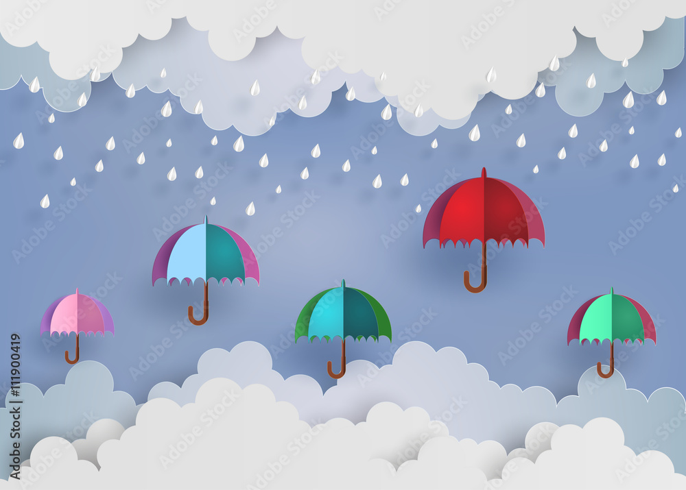 colorful umbrella in the air with rainning colorful umbrella in the air with rainning