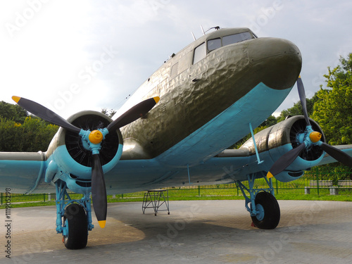 July 4, 2014,Minsk Belarus Old military transport plane LI-2. Military transport aircraft Lisunov-2 during the Second world war next to the Museum of the great Patriotic war in Minsk, Belarus.