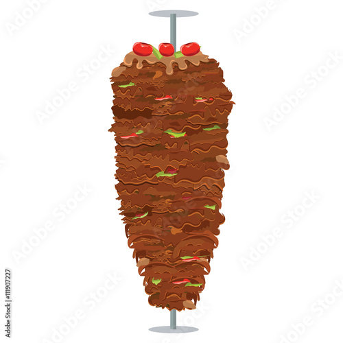 Vector illustration of Doner Kebab on pole, grilling with fat.