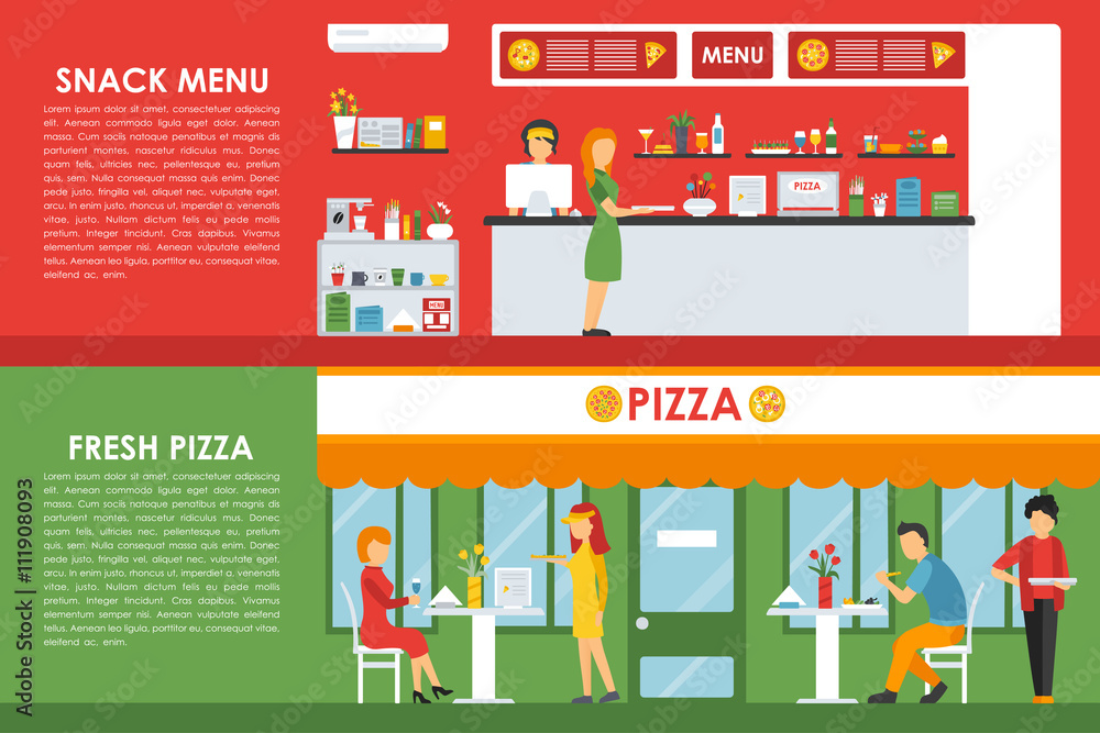 Fresh Pizza and Snack Menu flat concept web vector illustration. Delivery & Pizzeria Restaurant interior presentation. Fresh Pizza and Snack Menu flat concept web vector illustration. Delivery & Pizzeria Restaurant interior presentation.