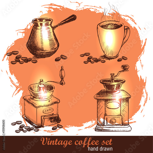 Vintage hand drawn coffee set with coffee beans. Sketch style.