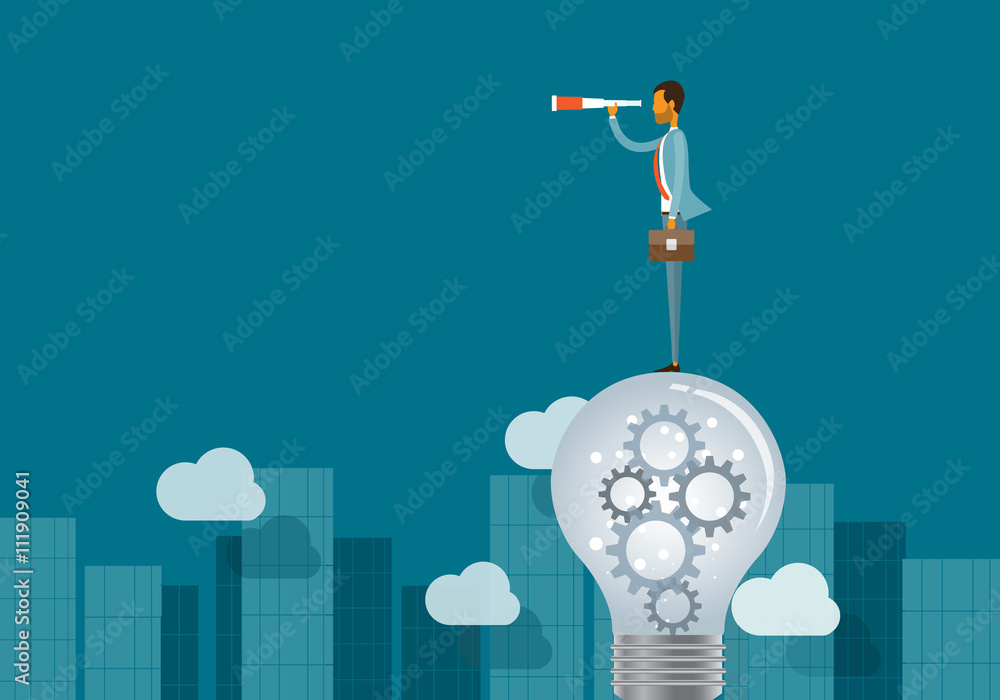business vision concept and business man standing on lightbulbs - obrazy, fototapety, plakaty 