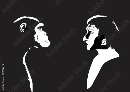 Man and ape's head vector scetch on black background, logo design.