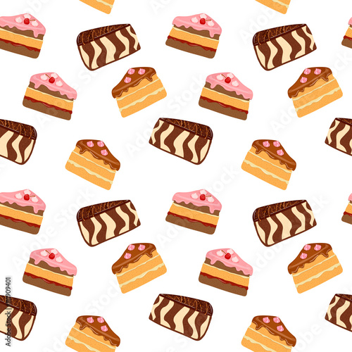 Vector seamless background with slices of cake on a white background. Sponge cake, cheesecake, cake zebra pattern. Appetizing delicious confectionery packaging design and menu