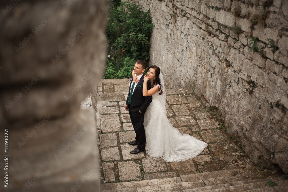 Happy wedding couple hugging and kissing on background old castle Happy wedding couple hugging and kissing on background old castle