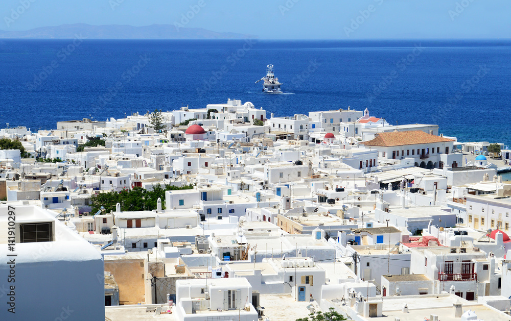 Chora Mykonos on the background of the sea
