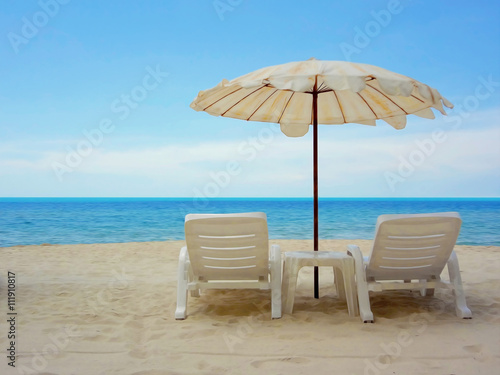 Art Water color painting of Beach chairs on the white sand beach with cloudy blue sky © fongleon356