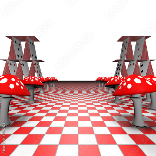 Amanita and playing cards on the chessboard - 3D-Rendering