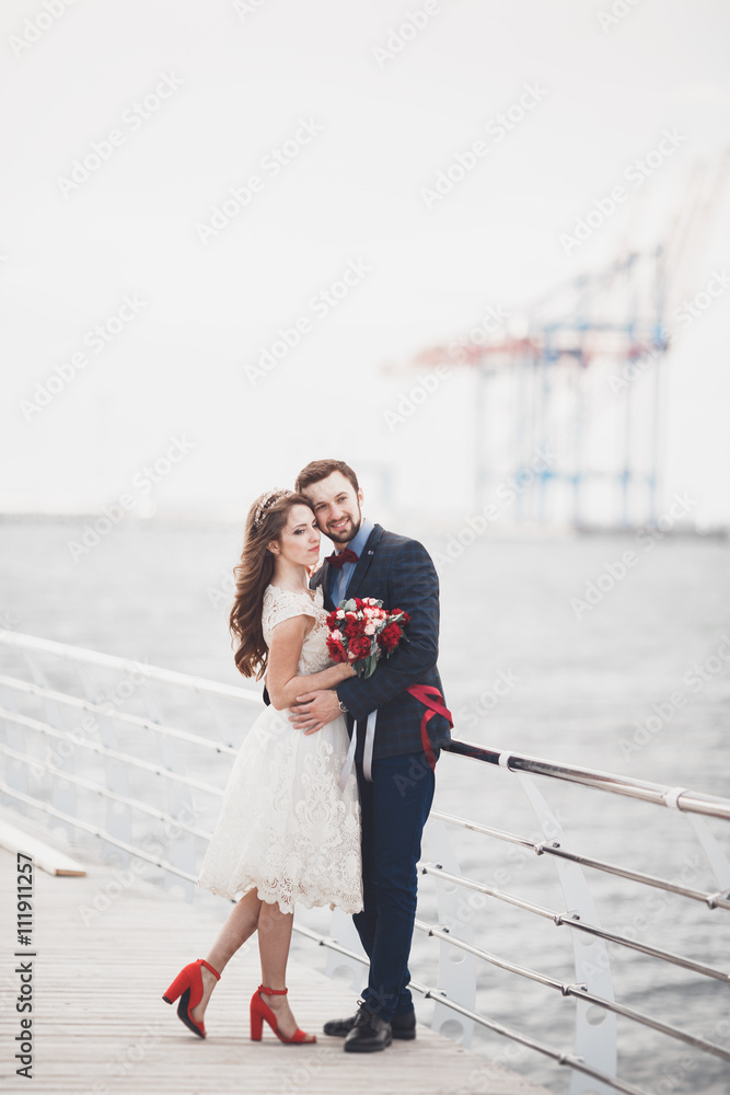 Married wedding couple standing on a wharf over the sea