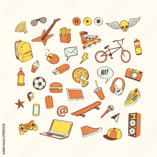 Doodle icon set. Colored hand drawn collection of doodle elements for design. Set for boy or teenager