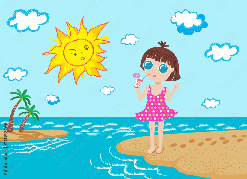 happy girl and sun on the beach