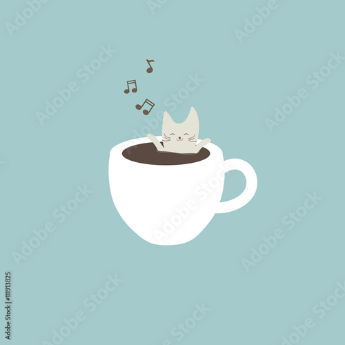 Relaxed cat in coffee cup vector design illustration.