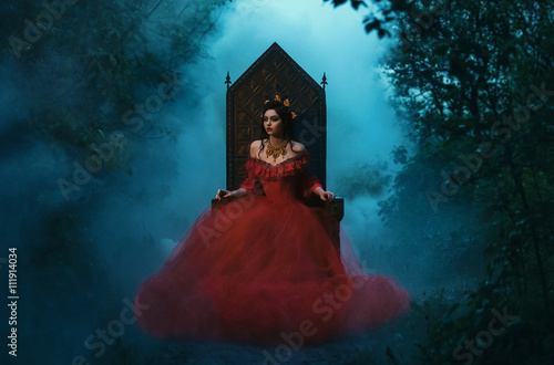 dark evil queen sitting on a luxurious throne,dark boho,  Princess in red dress , vampire , hip toning , creative color,dark boho