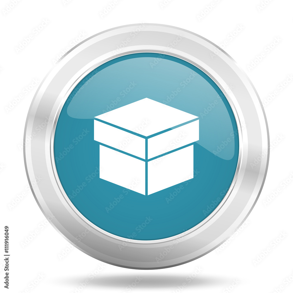 box icon, blue round glossy metallic button, web and mobile app design illustration box icon, blue round glossy metallic button, web and mobile app design illustration