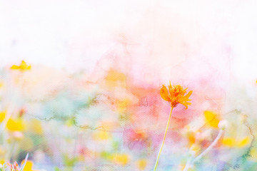 Yellow cosmos flowers image mix with painted watercolor on paper