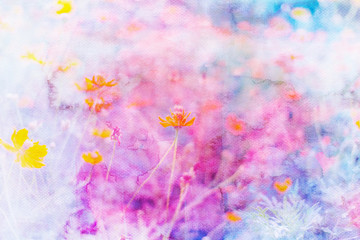 Yellow cosmos flowers image mix with painted watercolor on paper