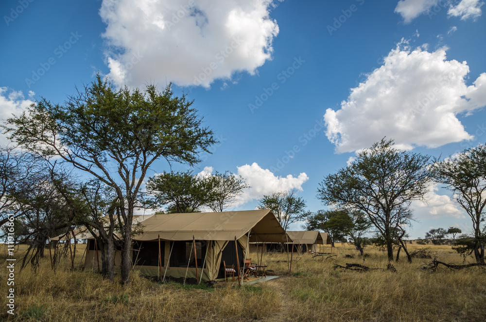 Obraz premium Luxury tent seen from inside in the Serengeti National Park, Tanzania, Africa