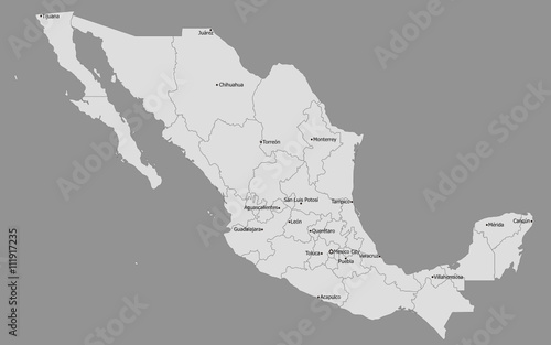 Highly Detailed Political Mexico Map, Main Cities photo
