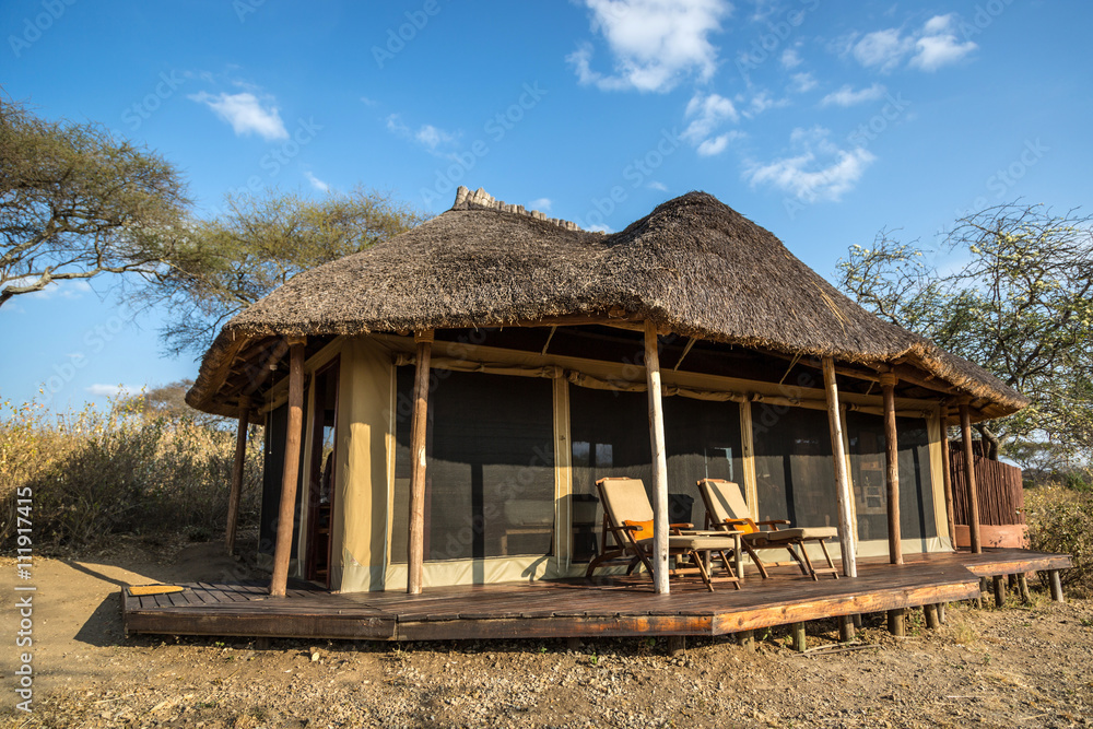 Luxury tent in the middle of savannah in Tanzania, Africa