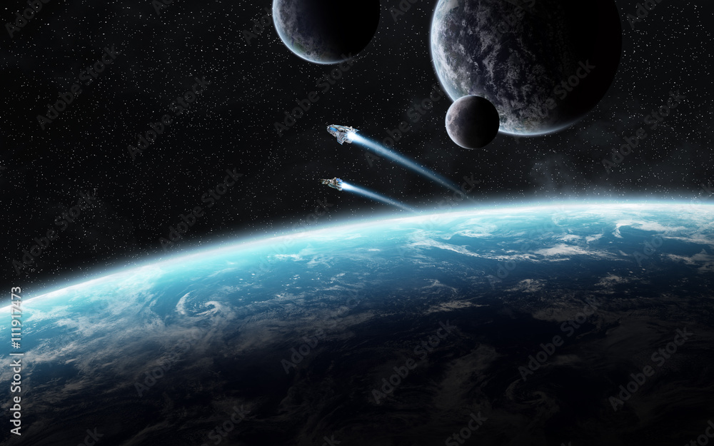 Fototapeta premium Sunrise over group of planets in space