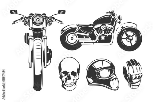 Elements for vintage vector motorcycle labels. Motorbike and skull, gloves and motorcycle helmet