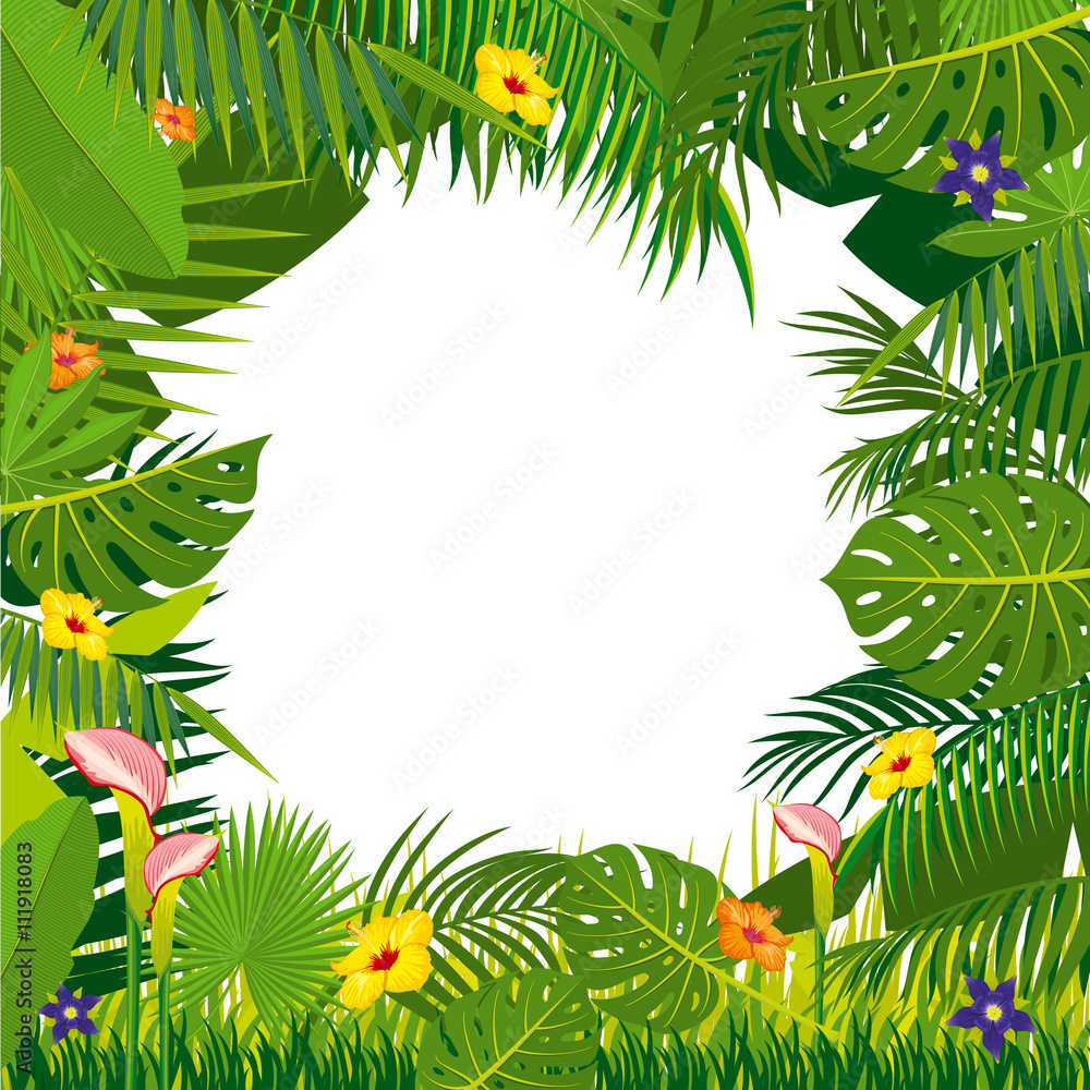 Jungle background with palm tree leaves. Floral frame with tropical flowers and vines, vector illustration Jungle background with palm tree leaves. Floral frame with tropical flowers and vines, vector illustration