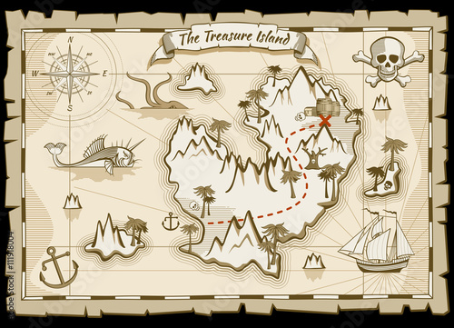 Treasure pirate hand drawn vector map. Pirate map with ship and navigation to treasure. Island way treasure map illustration