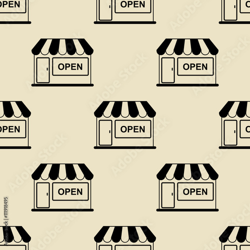 Icono plano patron con tienda sobre fondo beige