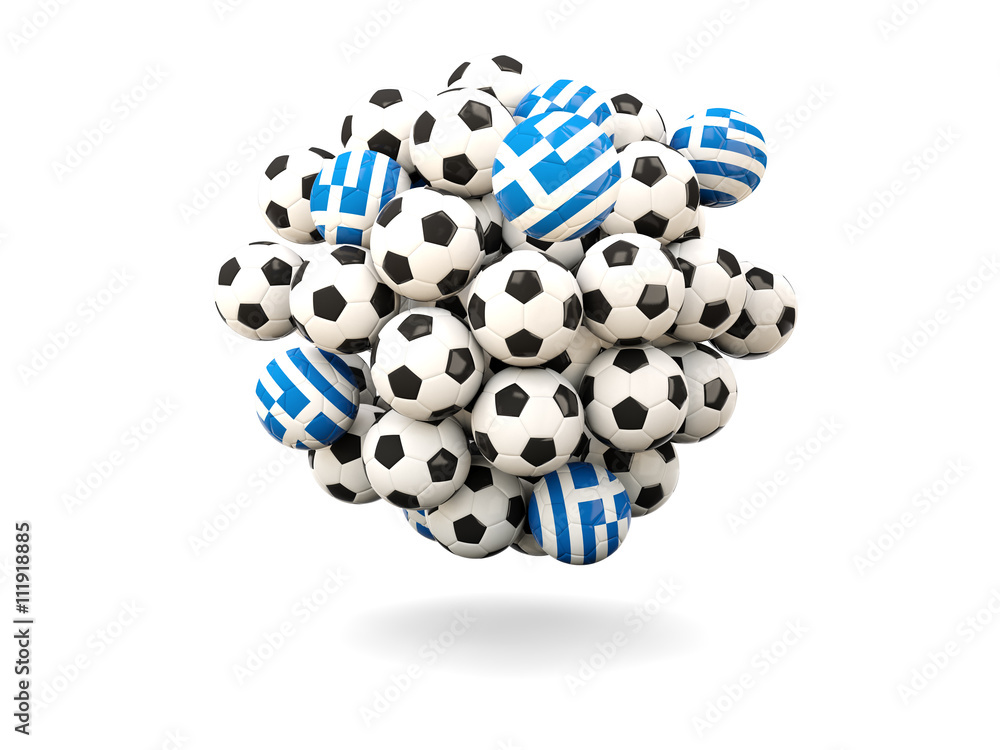 Pile of footballs with flag of greece - obrazy, fototapety, plakaty 
