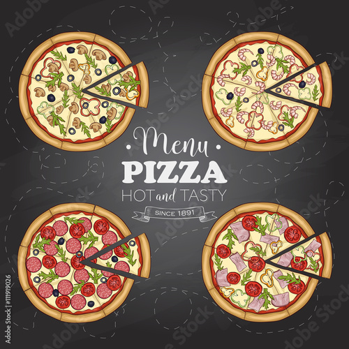Four types of color pizza on a black board