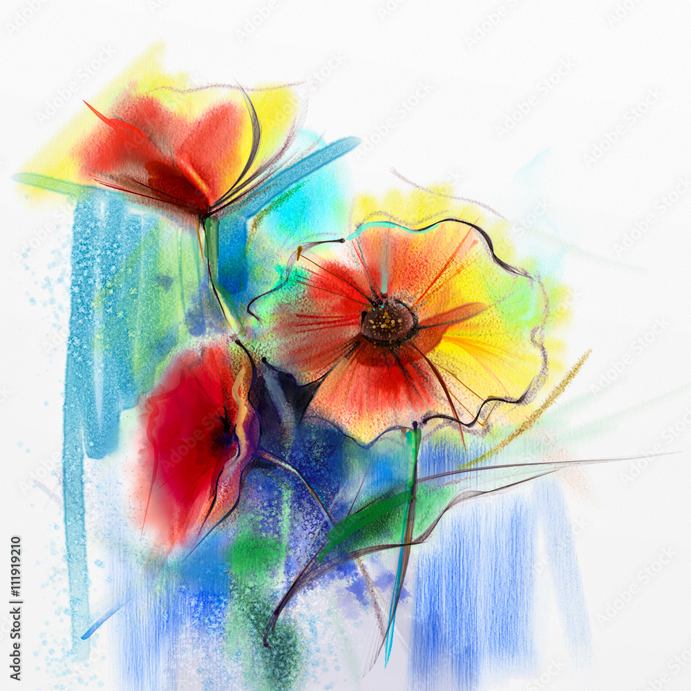 Obraz premium Abstract watercolor painting of spring flower. Still life of yellow, pink and red gerbera, daisy. Colorful bouquet flowers with light yellow, green, blue background. Hand Painted floral Impressionist