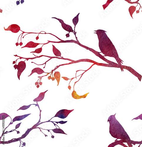 seamless pattern with birds at tree branches