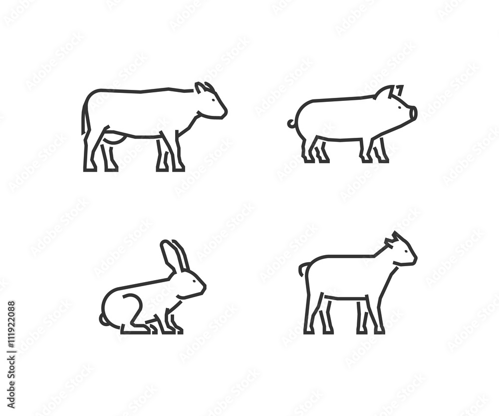 Vector black outline farm animals