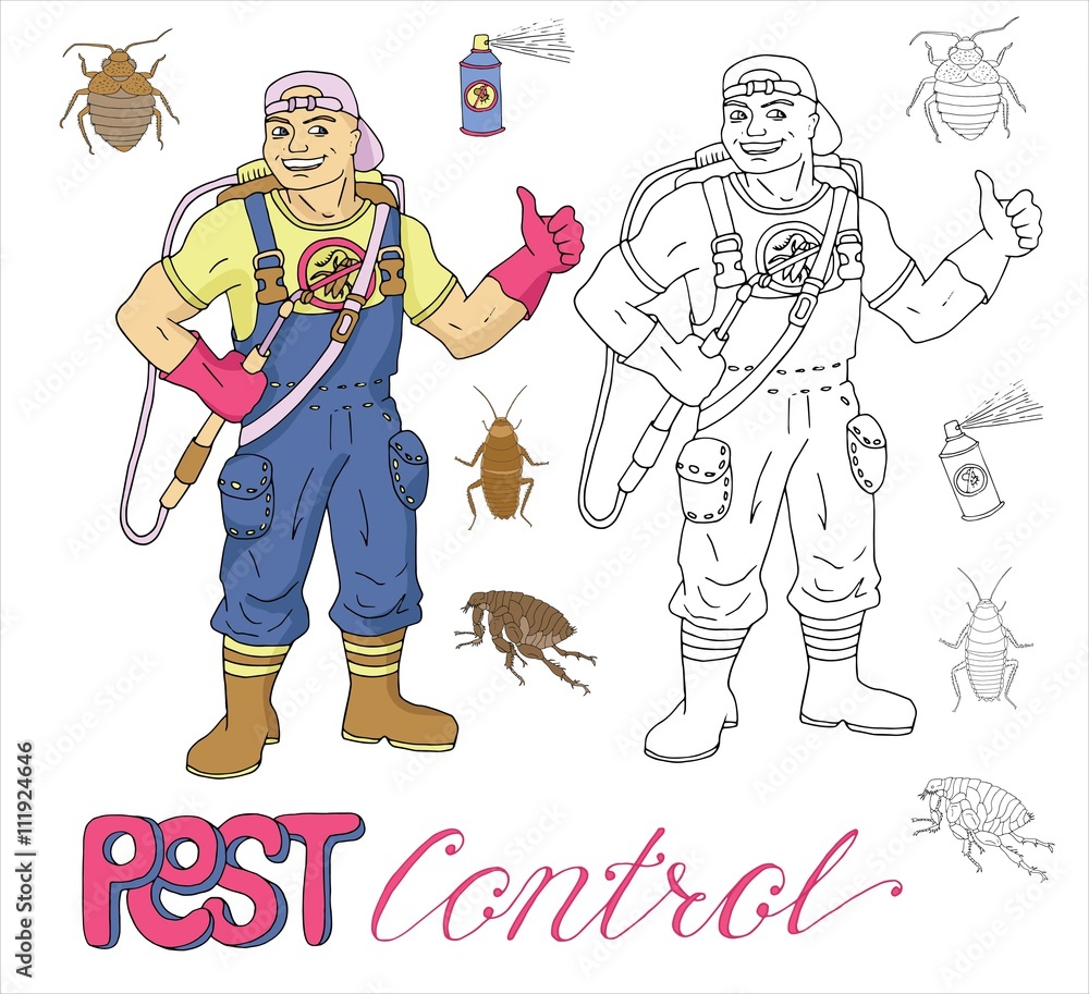 Naklejka premium Set with pest control exterminator and bugs