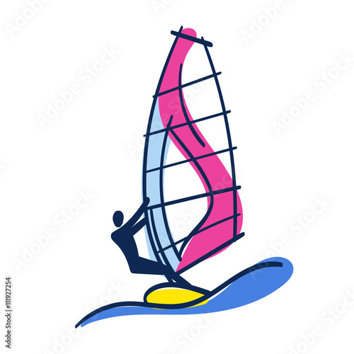 Bright Doodle Illustration of Windsurfer on Windsurfing board with Sail and Big Wave. Hand Drawn Sport Image Isolated on White Background. Vector Icon. Logo Template