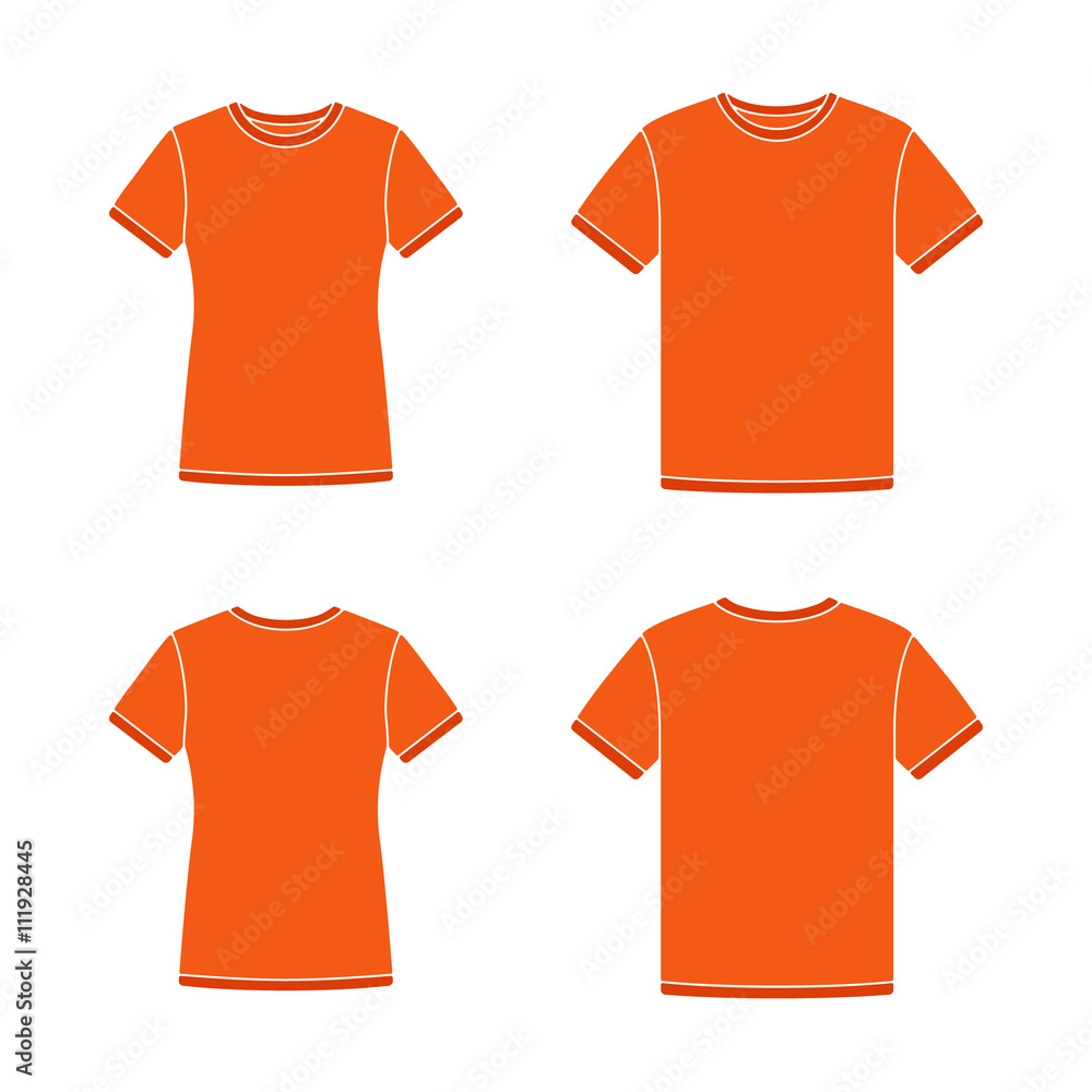 Mens and womens orange short sleeve t-shirts templates. Front and back ...