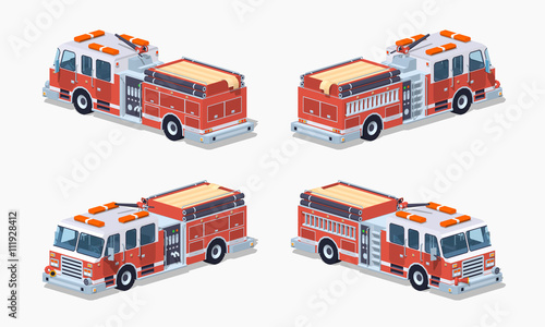 Fire truck. 3D lowpoly isometric vector illustration. The set of objects isolated against the white background and shown from different sides