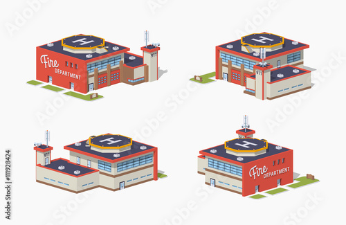 Fire station. 3D lowpoly isometric vector illustration. The set of objects isolated against the white background and shown from different sides