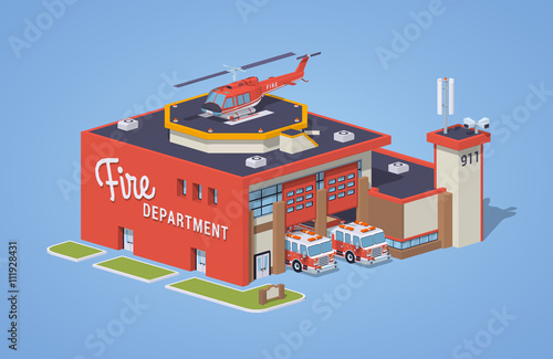 Fire station against the blue background. 3D lowpoly isometric vector illustration