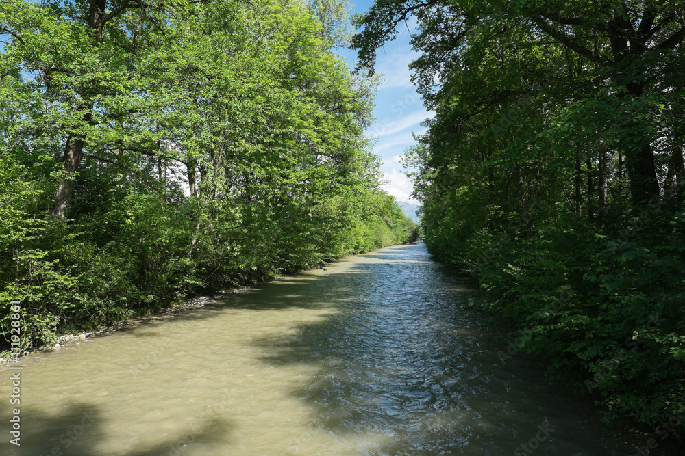 Fluss mit Baumreihe auf beiden seiten Fluss mit Baumreihe auf beiden seiten