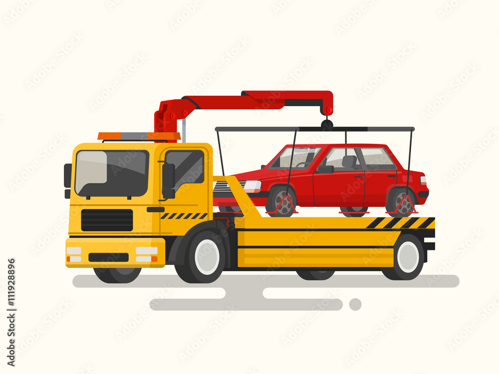 Tow truck transporting a broken machine. Vector illustration