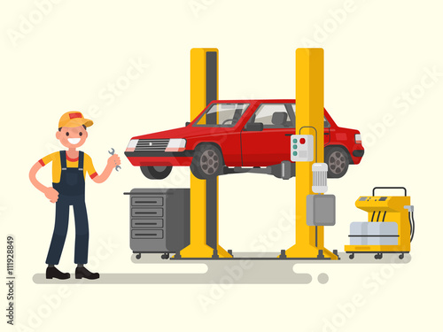 Car repair. Auto mechanic near the car lifted on autolifts. Vector ilustration