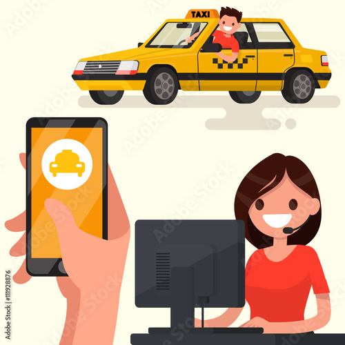 Order a taxi through the app on your phone. Vector illustration
