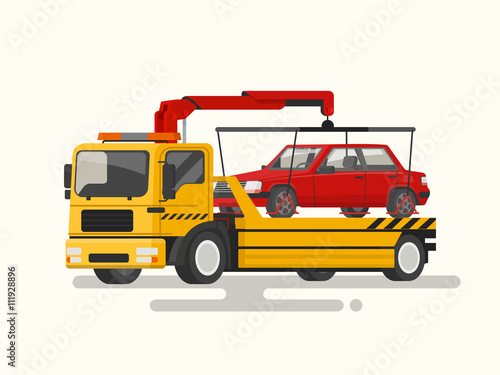 Tow truck transporting a broken machine. Vector illustration