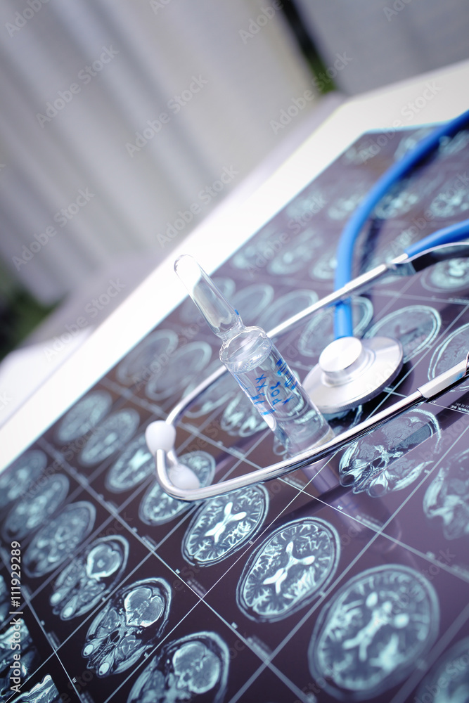 Ampule and stethoscope on the mri scan.