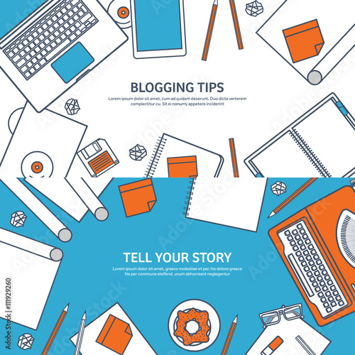 Lined, outline vector illustration. Flat typewriter.Laptop with hands. Tell your story. Author. Blogging.