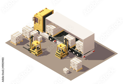 Vector isometric forklift loading box semi-trailer truck with crates on pallets icon