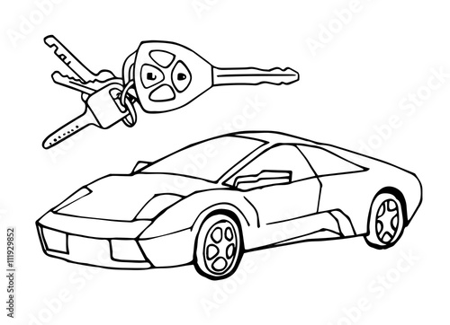 Hand drawn sketch Italian car with car keys vector design illustration