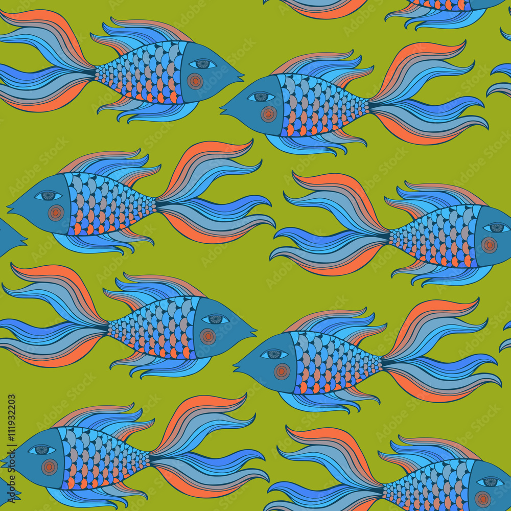 Fototapeta premium Nice cartoon fishes set. Vector seamless pattern.